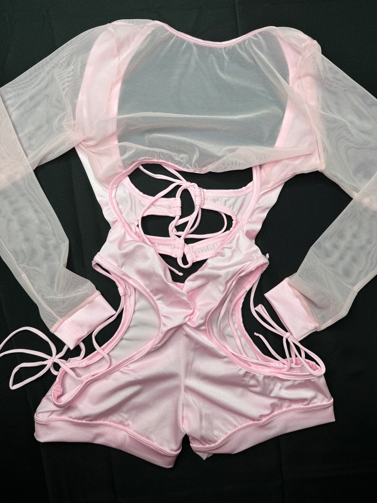 Baby Pink Long Sleeve Mesh Romper Dance Wear and Stripper