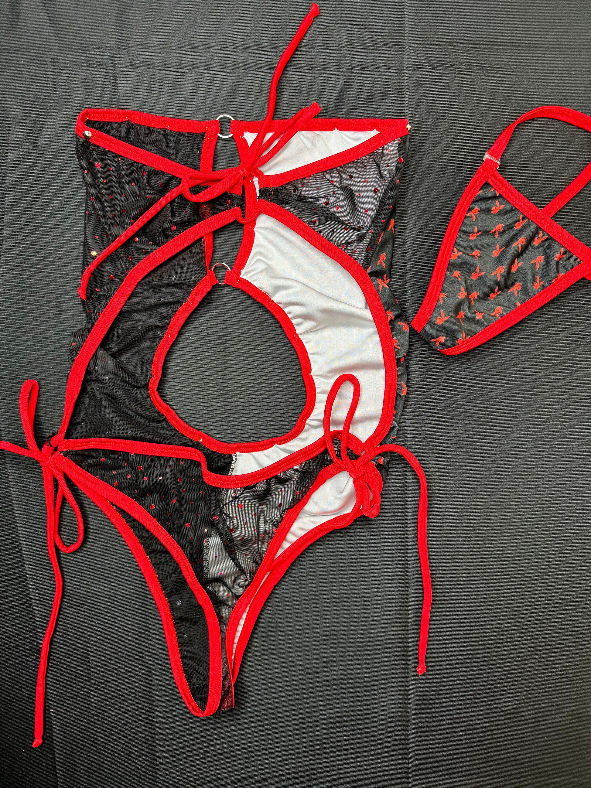 Red/Black Bunny Mesh/Spandex One-Piece Exotic Dancer Outfit