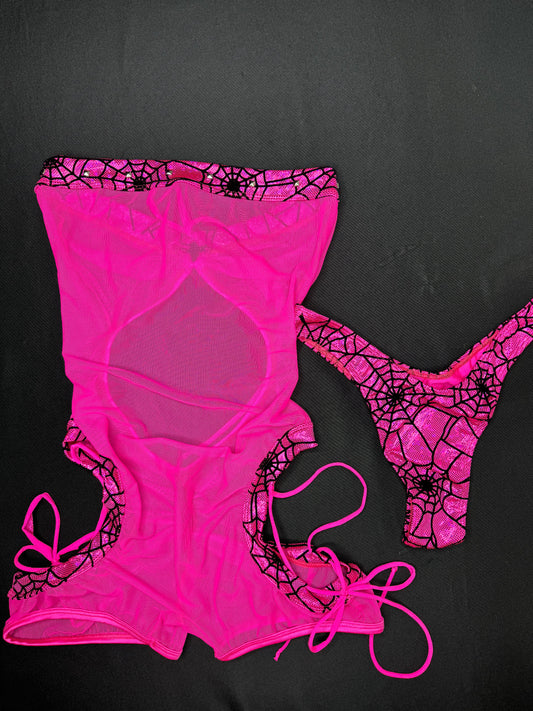 Hot Pink Web/Mesh One-Piece Romper/Cheeky Thong Lingerie Outfit