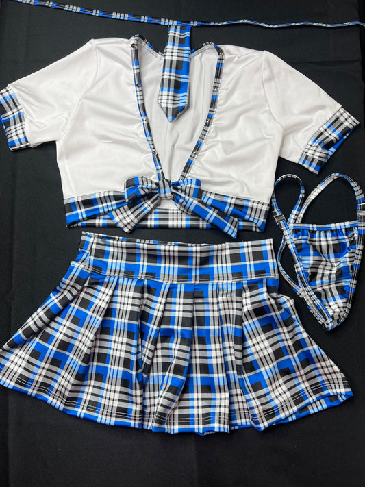 White/Blue Plaid Two-Piece Skirt School Girl Lingerie Outfit