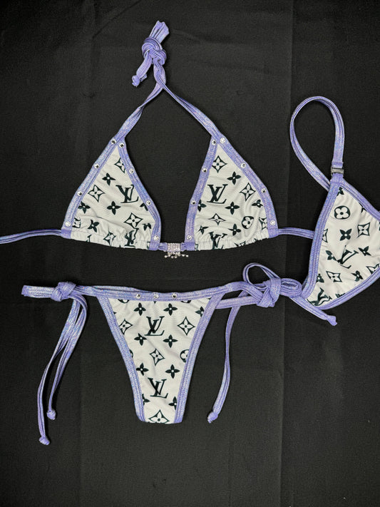 Mystic Lavender/White Designer Two-Piece Side Tie Bikini Outfit