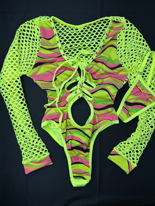 Neon Yellow/Pink Wave Leotard Exotic Dancer Outfit