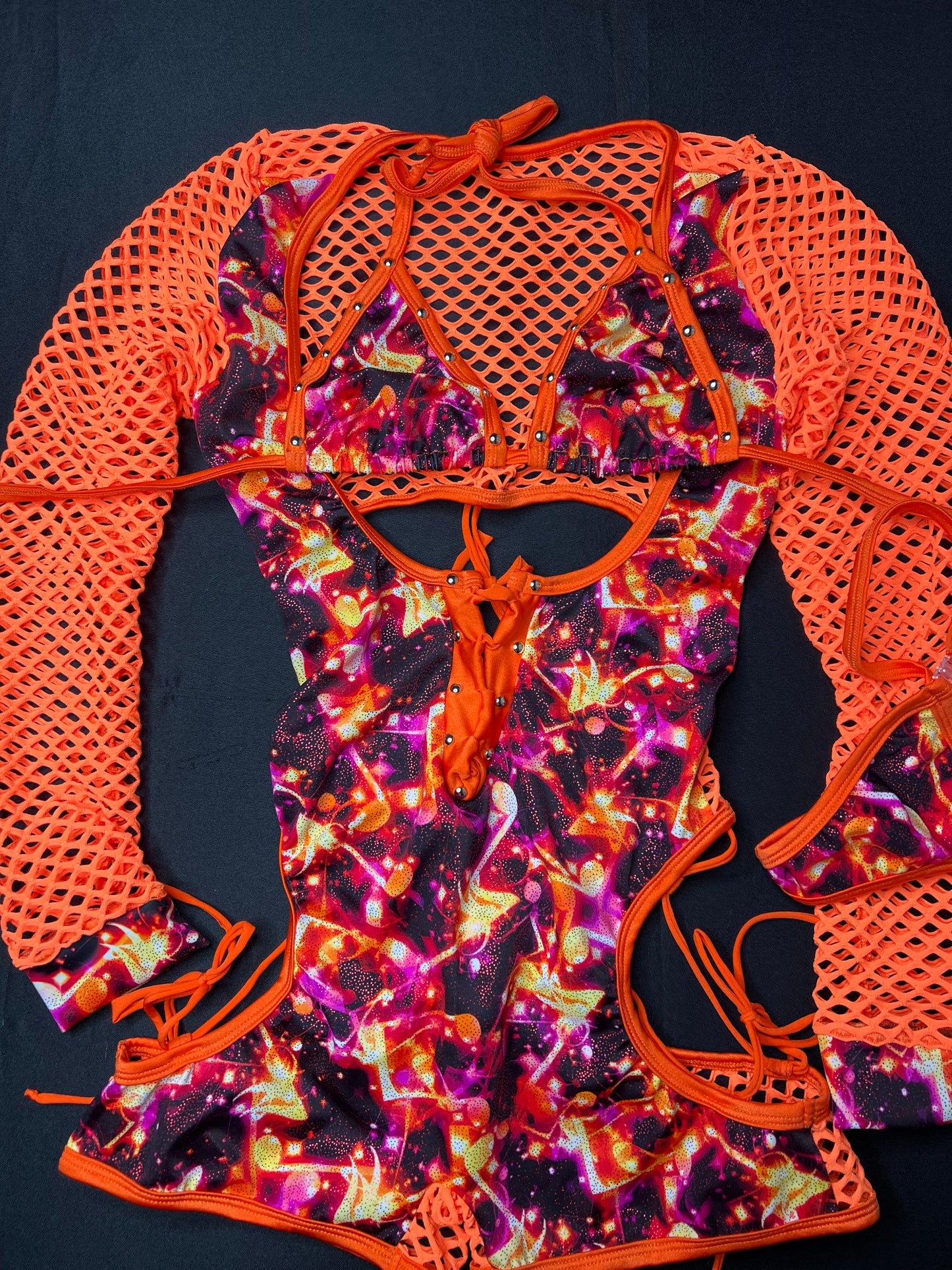 Star Print/Orange Fishnet Romper Bikini Top One-Piece Lingerie Outfit