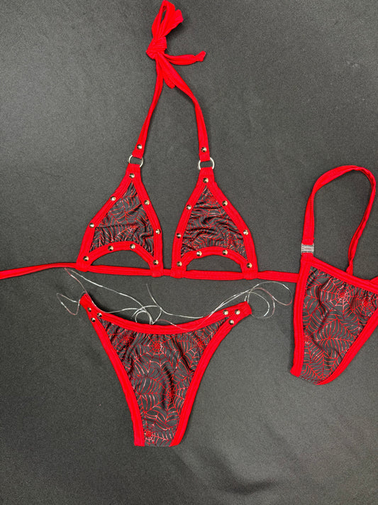 Red Spiderweb Two-Piece Bikini Lingerie Outfit