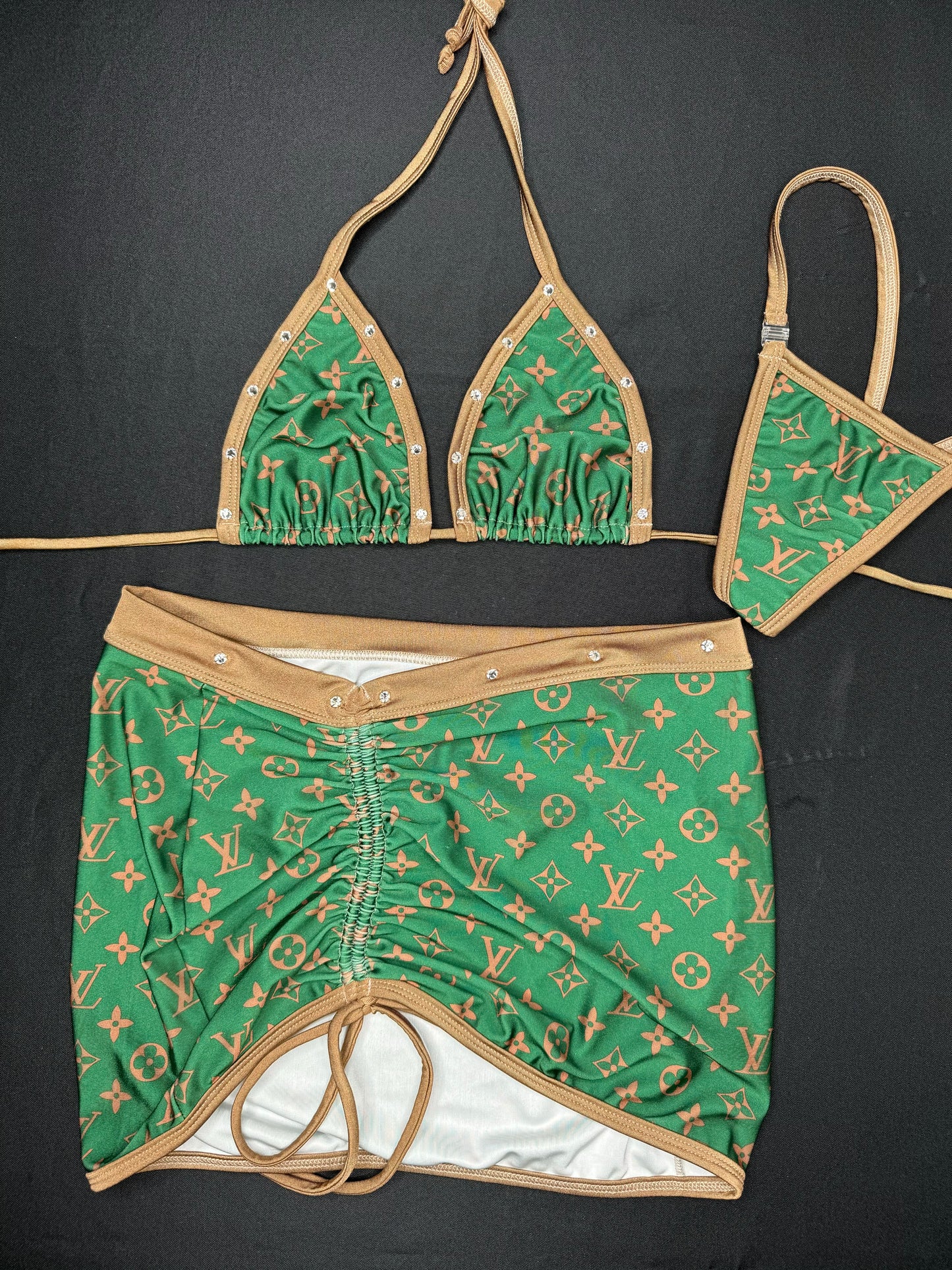 Green/Tan Spandex Two-Piece Skirt Lingerie Outfit