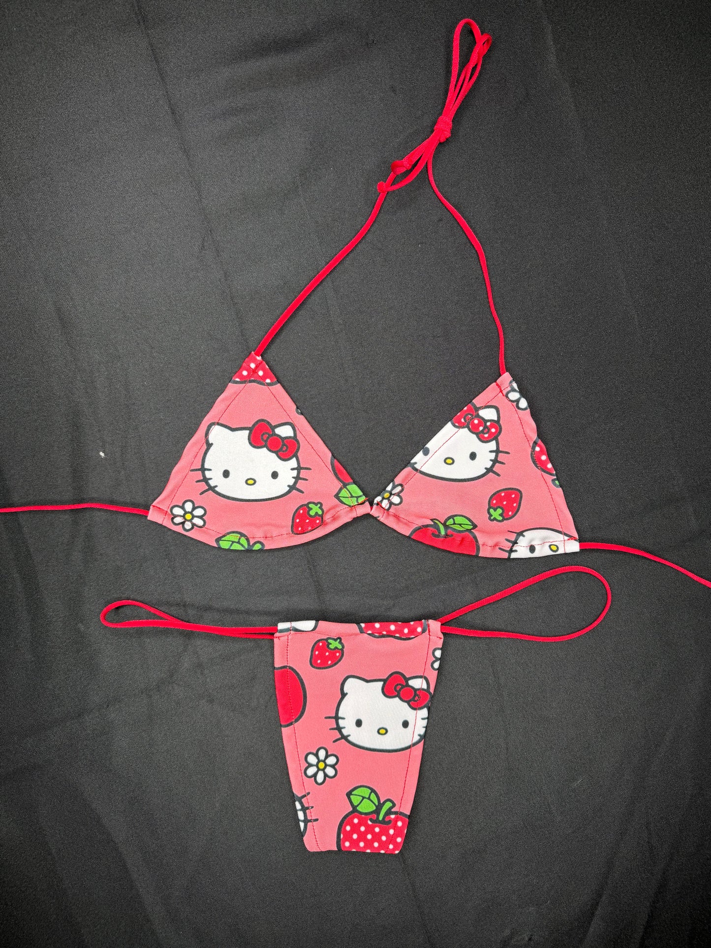 Red/Pink Kitty Two-Piece Micro Bikini Lingerie Outfit