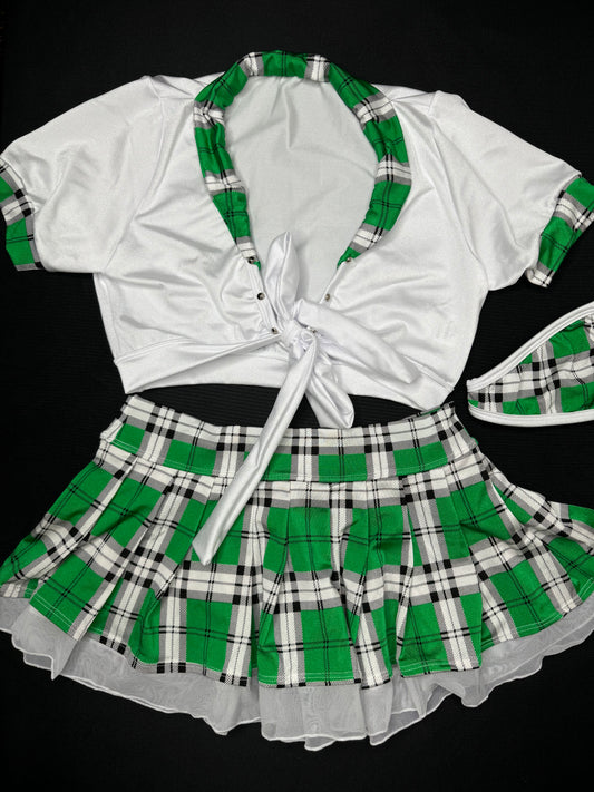 Green/White Plaid School Girl Skirt Lingerie Outfit