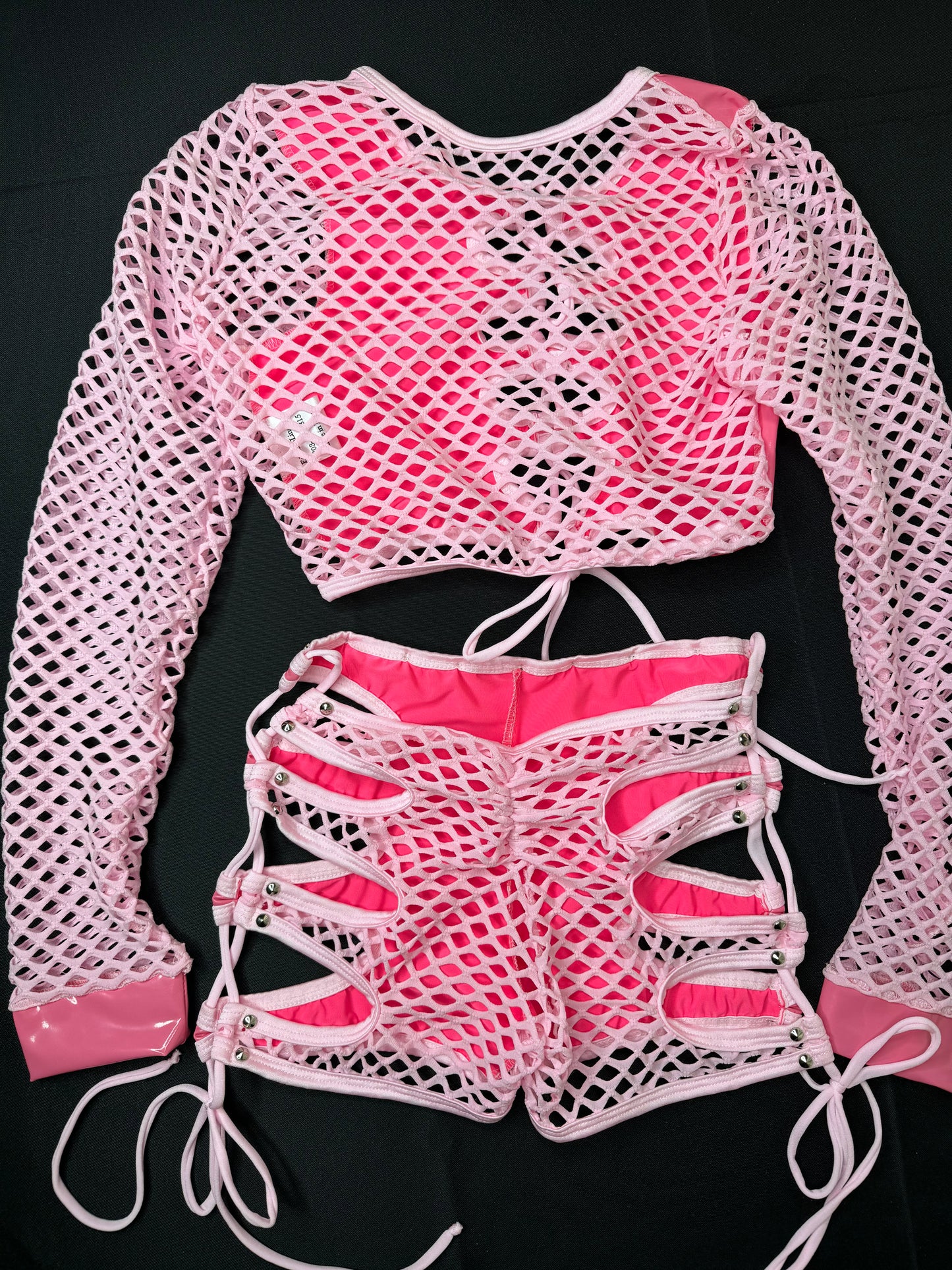 Hot Pink Latex/Baby Pink Fishnet Two-Piece Exotic Dancer Outfit