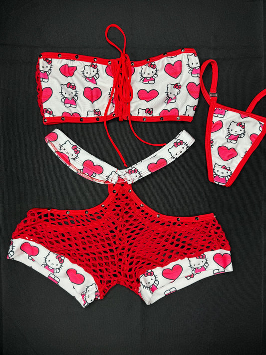 Red/White Heart Kitty Two-Piece Lingerie Outfit