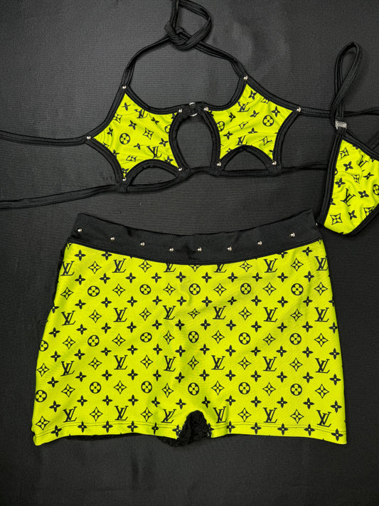 Neon Yellow/Black Fishnet Star Top/Shorts Two/-Piece Lingerie Outfit