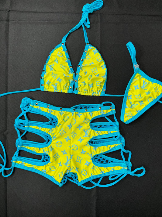 Yellow/Turquoise Two-Piece Shorts Exotic Dancer Outfit