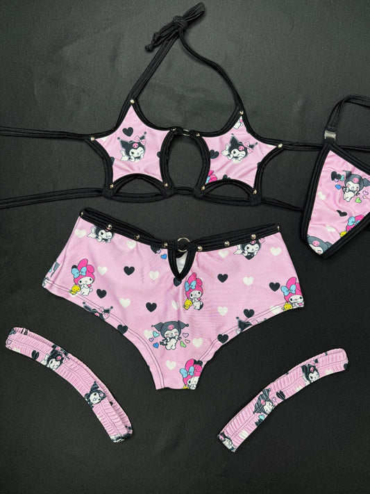 Baby Pink/Black Kuromi Star Bikini Top/Shorts Three-Piece Lingerie Outfit