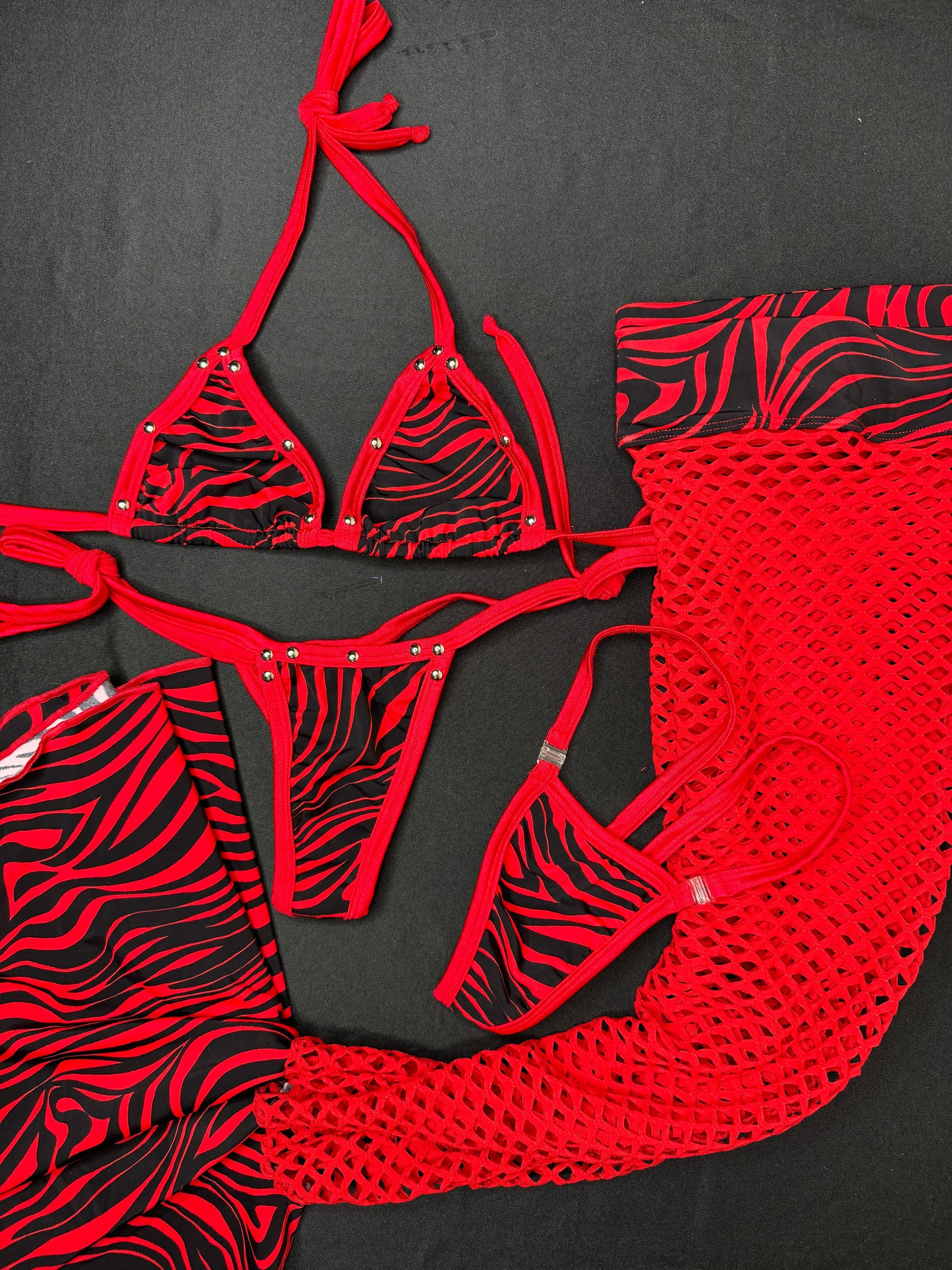 Red Animal Print/Red Fishnet Bikini Top/Side Tie Bikini Leg Outfit