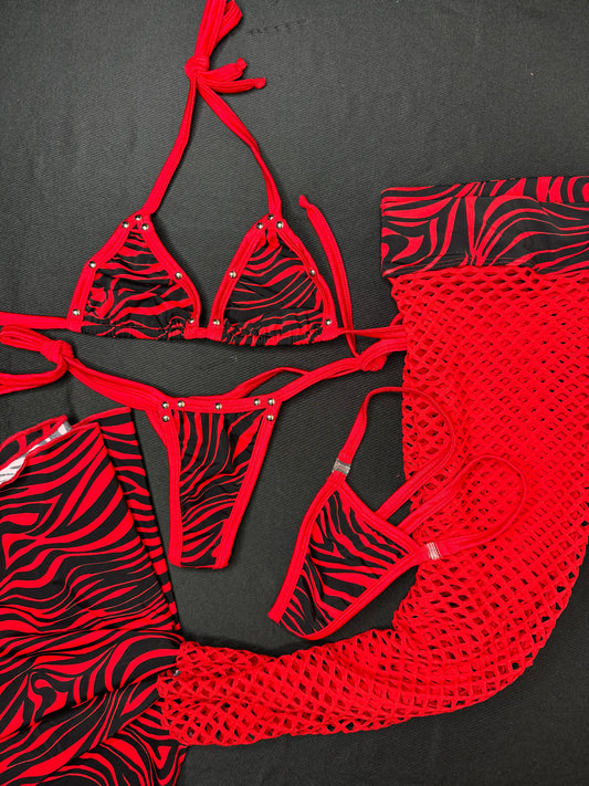 Red Animal Print/Red Fishnet Bikini Top/Side Tie Bikini Leg Outfit