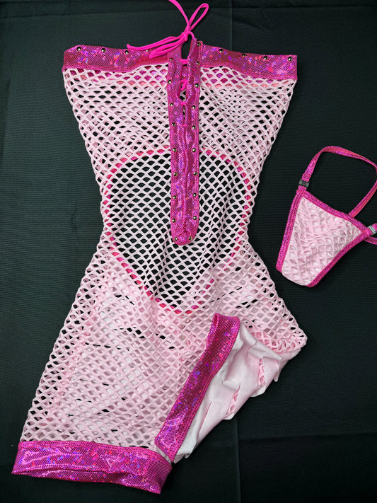 Baby Pink Fishnet One-Piece Exotic Dancer Outfit