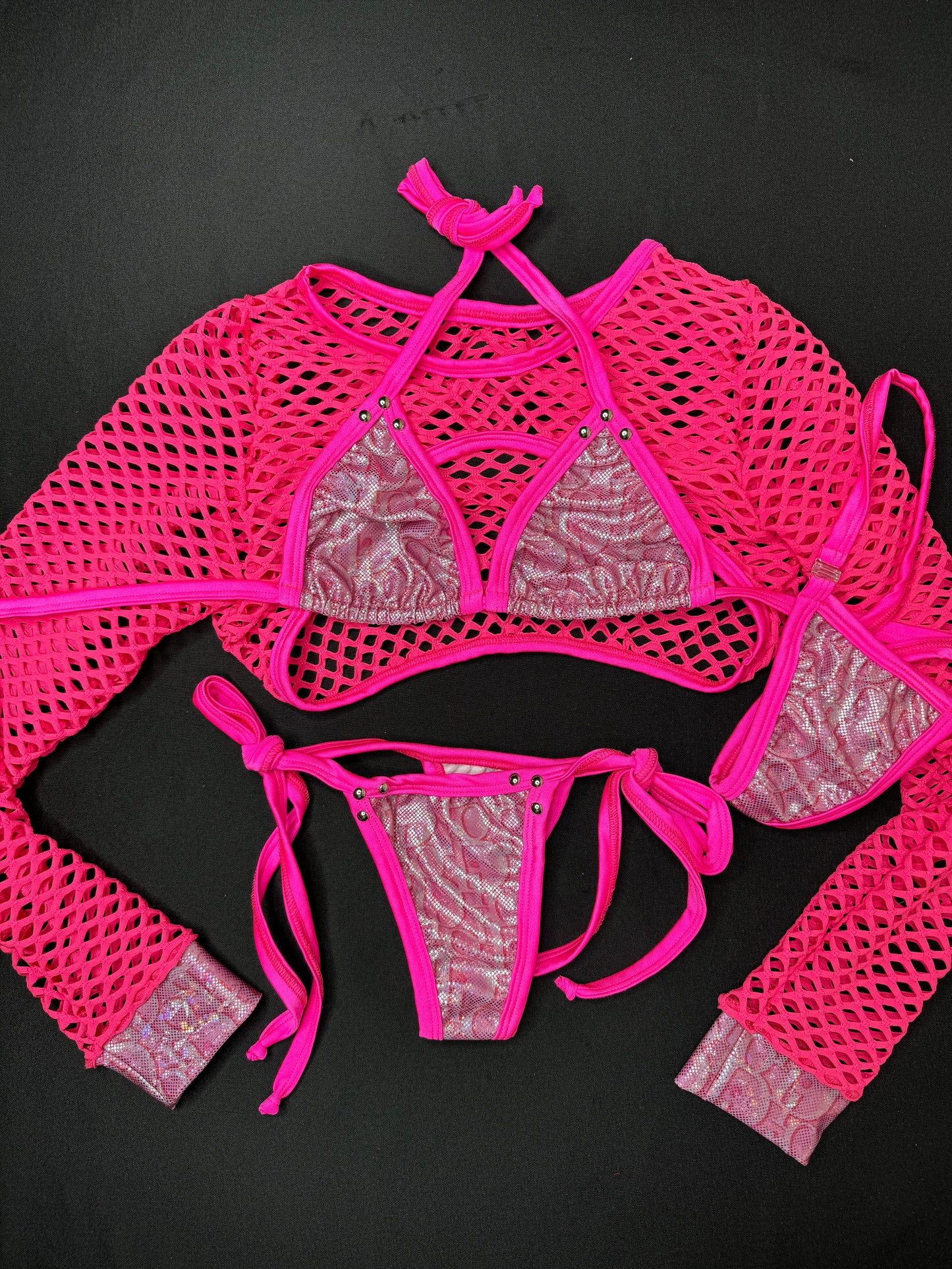 Hot Pink/Pink Designer Three-Piece Side-Tie Bikini/Long Sleeve Lingerie Outfit