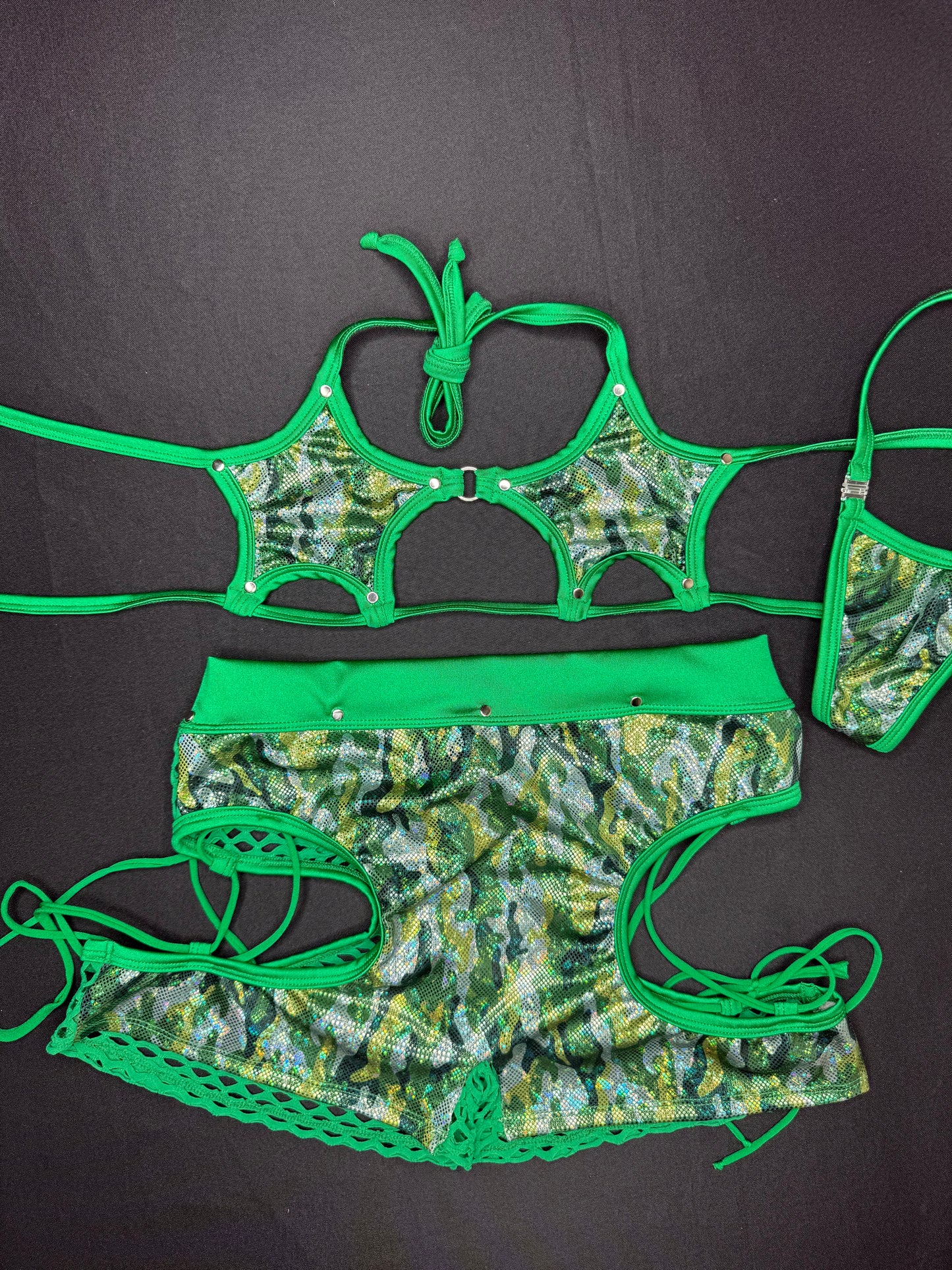 Holographic Green Camouflage/Green Spandex Fishnet Star-Top/Shorts Two-Piece Lingerie Outfit