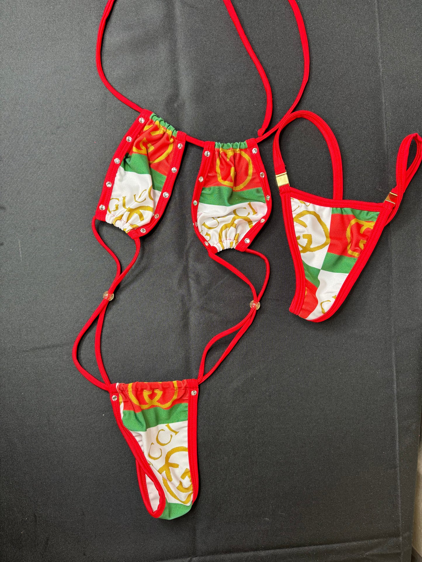 Exotic Dance Wear Sling Shot Outfit Red/Green Lingerie