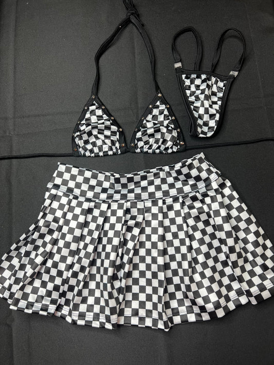 Checker Pattern Two-Piece Skirt Lingerie Outfit