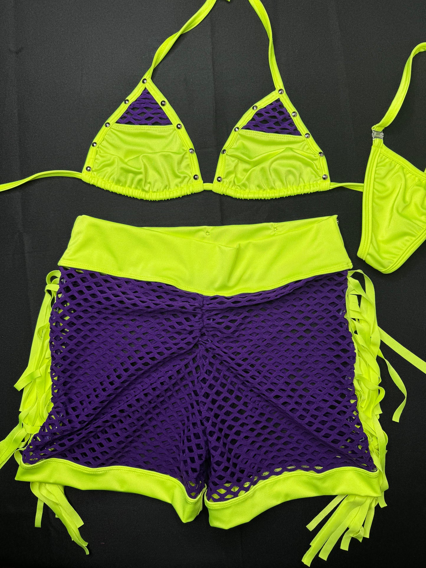 Neon Yellow/Purple Fringe Two-Piece Lingerie Outfit