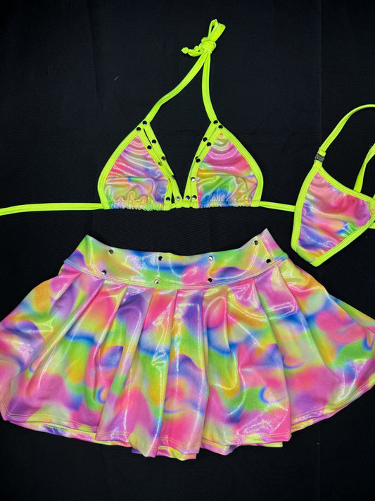 Neon Yellow/Multi Color Two-Piece Skirt Lingerie Outfit