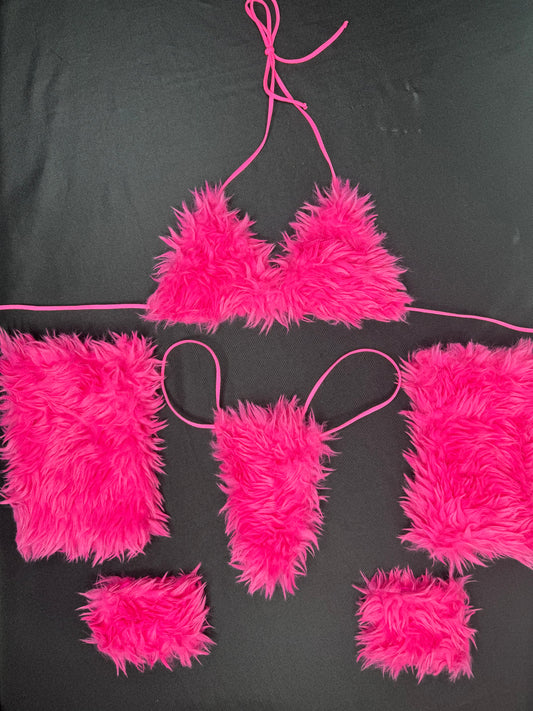 Hot Pink Fur 4-Piece Bikini Top/Thong Wrist & Armlet Lingerie Outfit