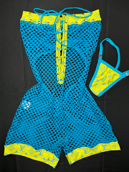 Yellow/Turquoise Fishnet One-Piece Exotic Dancer Outfit