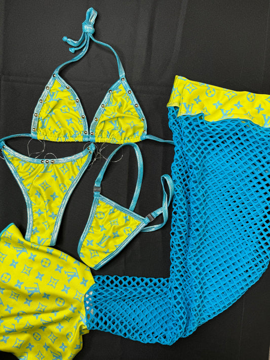 Yellow/Baby Blue & Turquoise Exotic Dancer Leg Outfit
