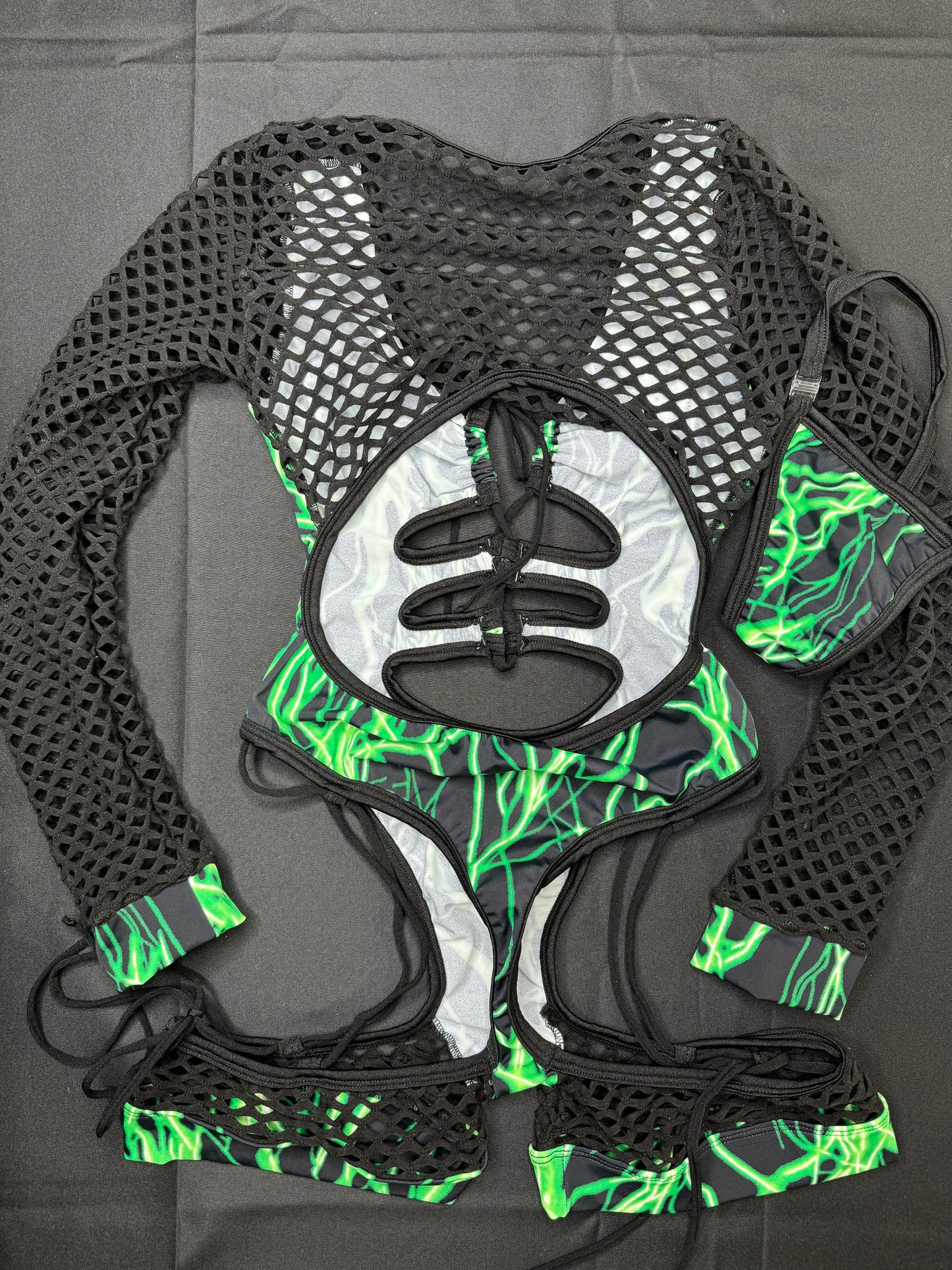 Green Thunder Print/Black Fishnet One-Piece Bartender Romper Outfit