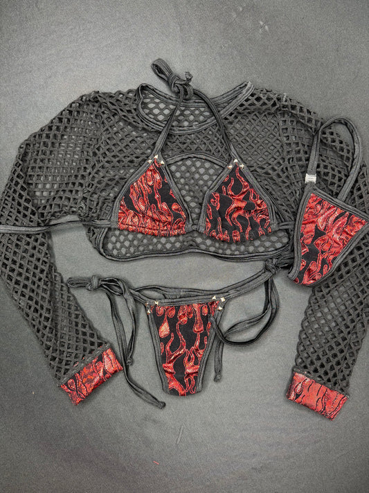 Red Flame/Black Fishnet Three-Piece Lingerie Outfit