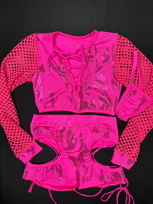 Hot Pink Camouflage/Fishnet Two-Piece Long Sleeve/Shorts Lingerie Outfit