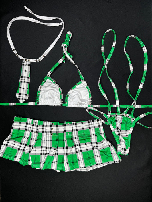 Green/White Three-Piece Skirt/Slingshot School Girl Lingerie Outfit