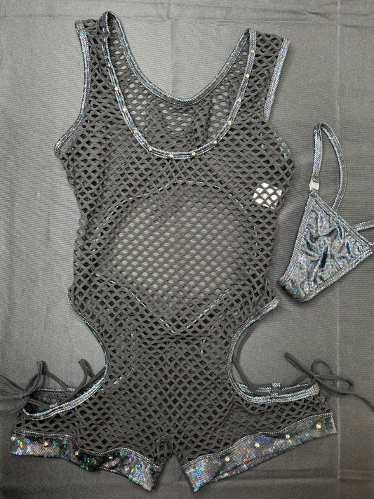 Metallic Black/Black Fishnet Shoulder Strap One-Piece Romper Lingerie Outfit
