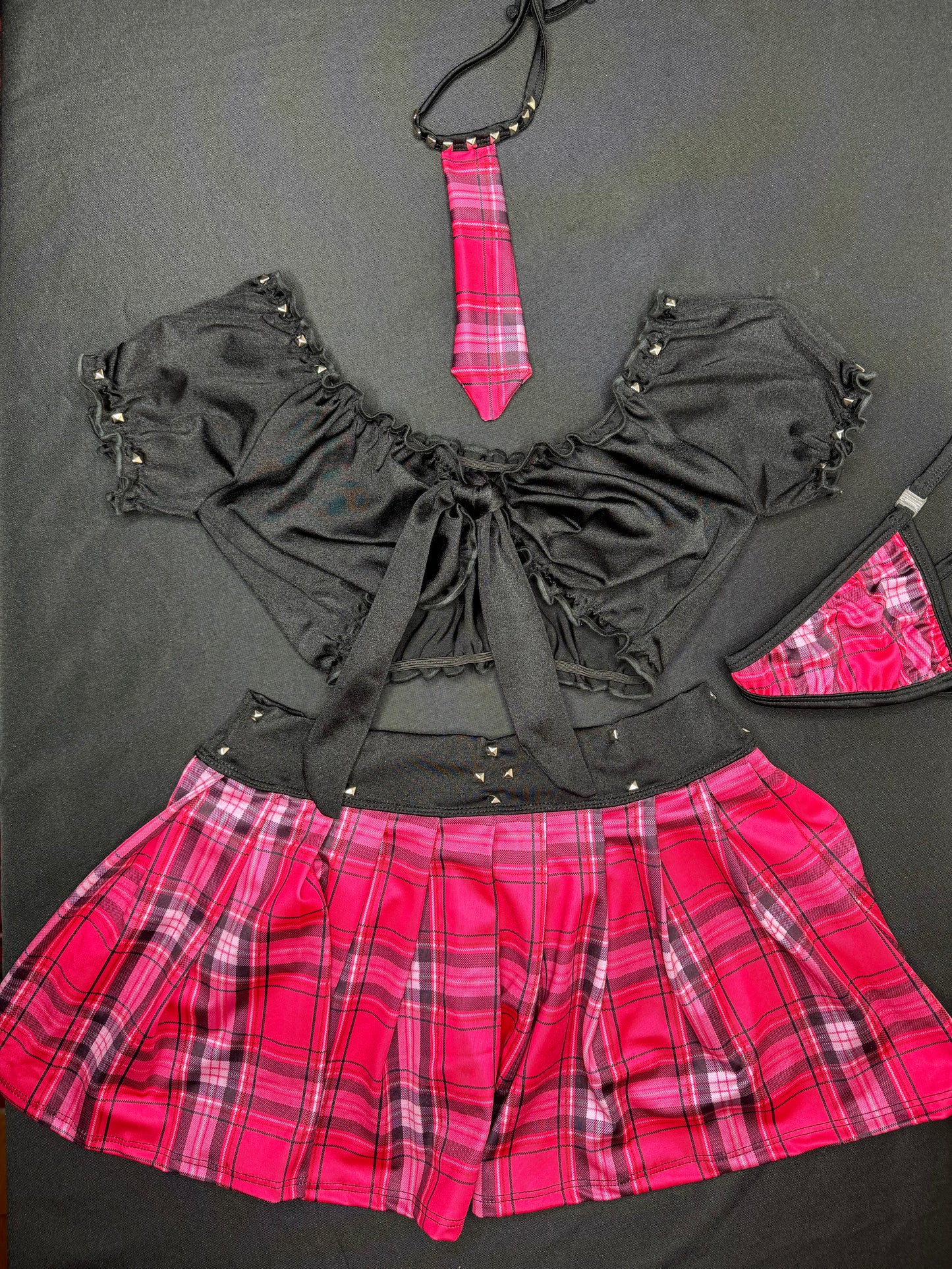 Pink Plaid/Black Two-Piece School Girl Skirt Lingerie Outfit