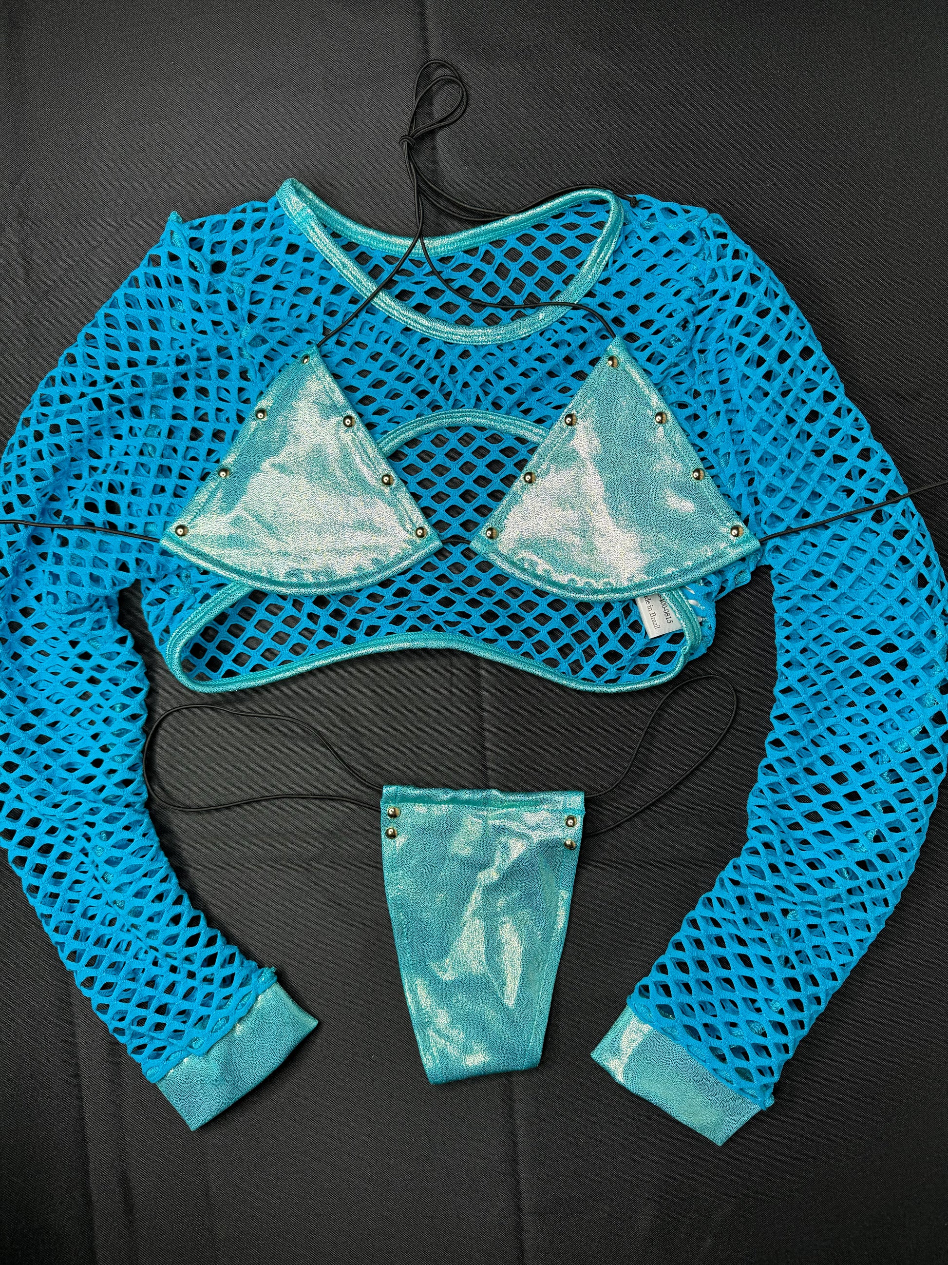 Metallic Turquoise/Fishnet Three-Piece Exotic Dancer Outfit