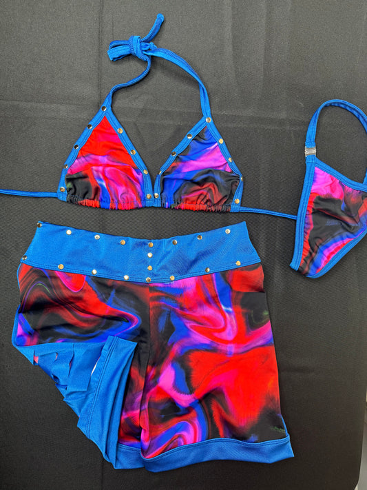 Red/Black & Blue Wave Two-Piece Ripped Shorts Two-Piece Exotic Dancer Outfit