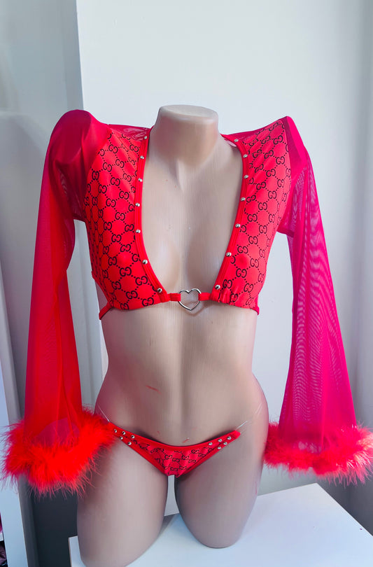 Red Fur/Mesh Long Sleeve Designer Spandex Valentine’s Day Two-Piece Outfit