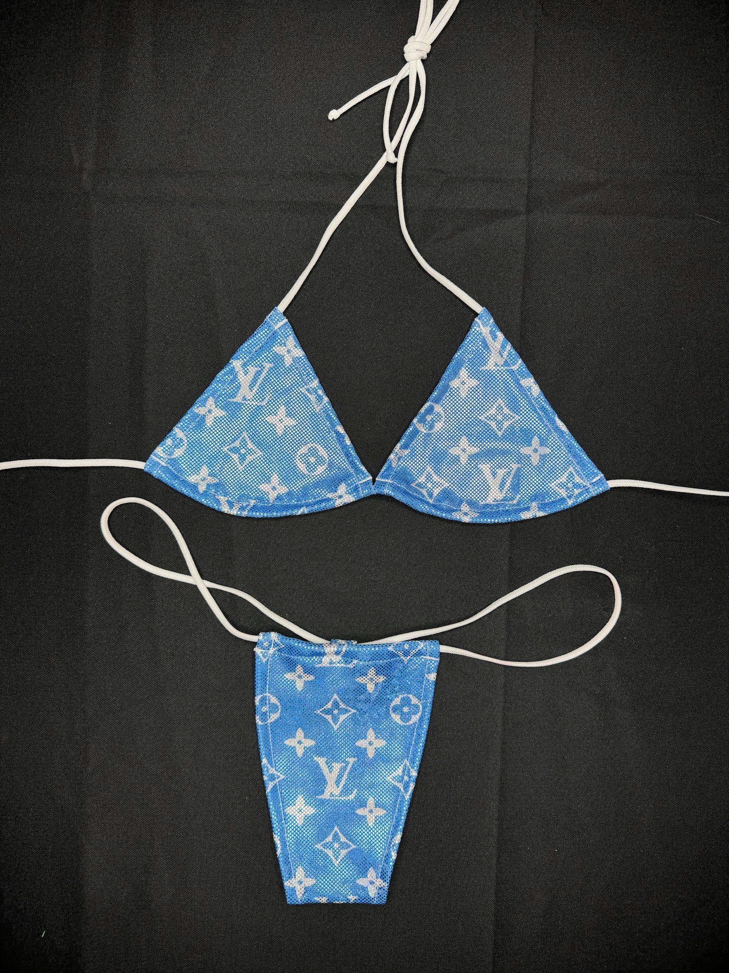 Metallic Blue Designer Two-Piece Micro Bikini Lingerie Outfit