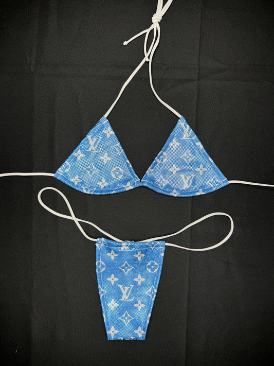 Metallic Blue Designer Two-Piece Micro Bikini Lingerie Outfit