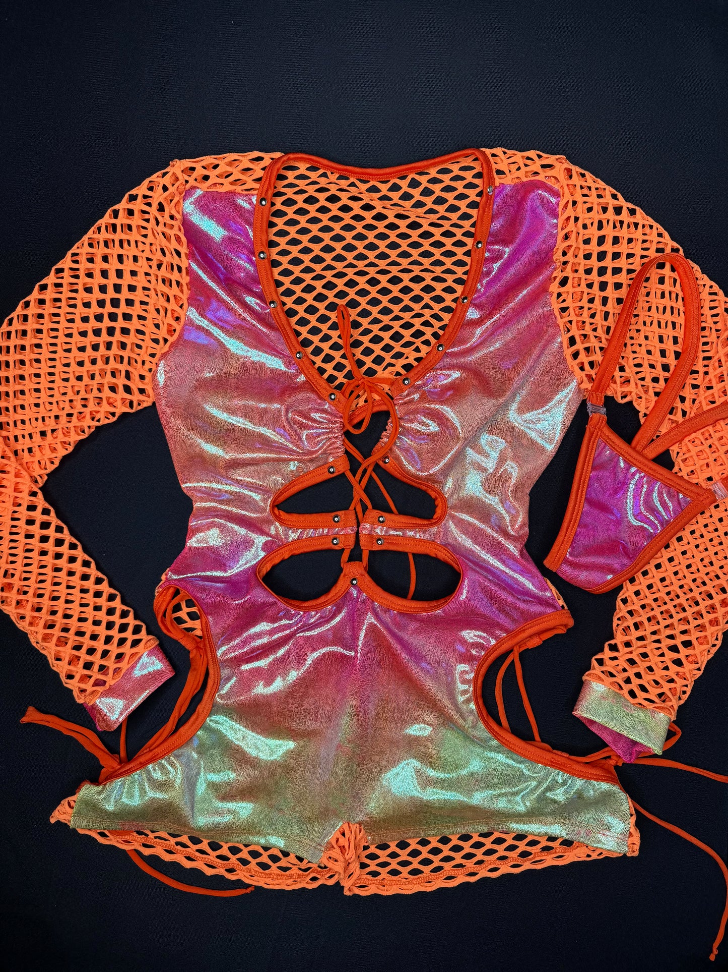 Pink/Yellow Ombré/Orange Fishnet Romper Lingerie Outfit