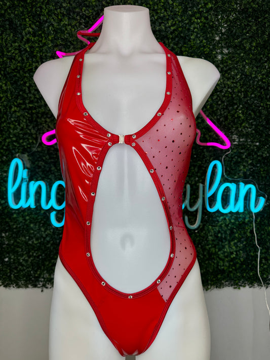 Red Latex/Mesh One-Piece Stripper Outfit