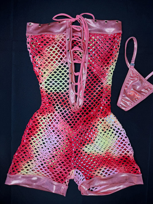 Mystic Pink/Orange/Ombre Fishnet One-Piece Exotic Dancer Outfit