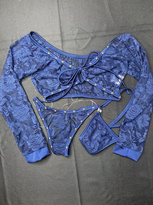 Navy Blue Flower Pattern Lace Two-Piece Long Sleeve Exotic Dancer Outfit
