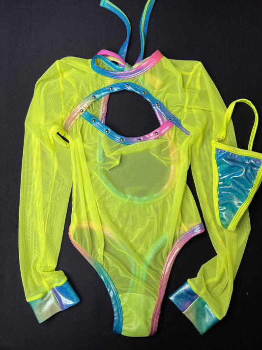 Holographic Rainbow/Neon Yellow Mesh Leotard One-Piece Lingerie Outfit