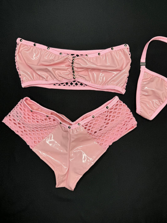 Baby Pink Latex/Fishnet Tube Top/Shorts Two-Piece Lingerie Outfit