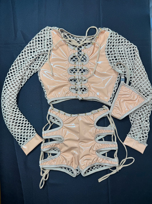 Mocha Latex/Beige Fishnet Two-Piece Exotic Dancer Outfit