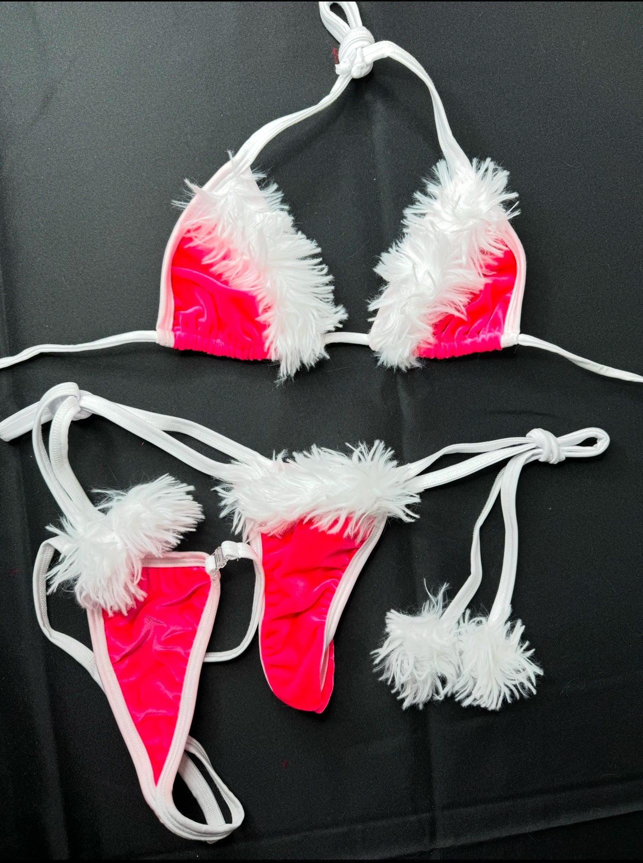 Pink Velvet/White Fur Two-Piece Side-Tie Bikini Lingerie Outfit