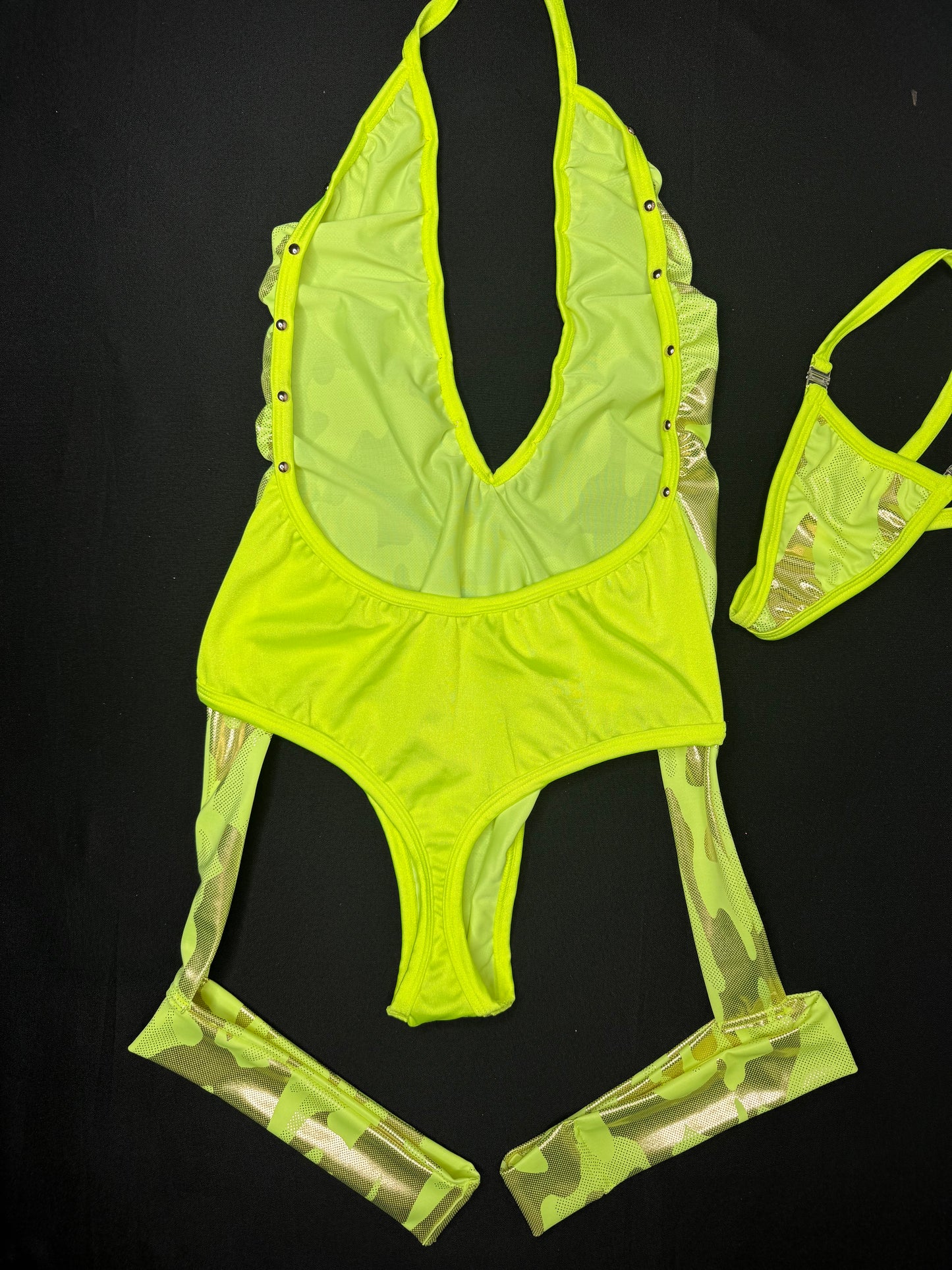 Yellow/Neon Yellow Camouflage One-Piece Leg Garters Lingerie Outfit