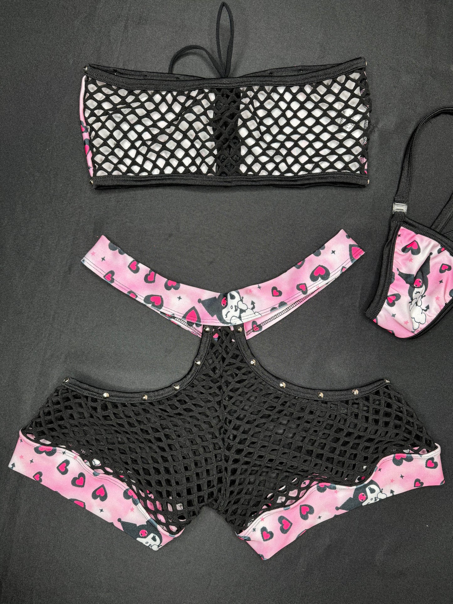 Pink/Black Fishnet Kuromi Tube Top/Shorts Two-Piece Lingerie Outfit