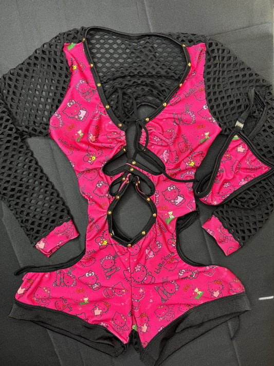 Hot Pink/Black Kitty Bartender Romper Outfit